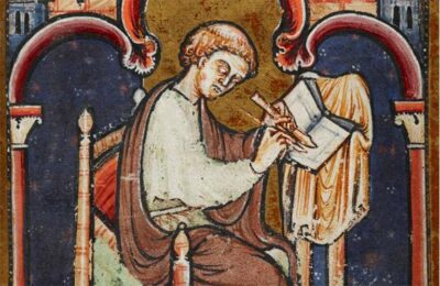 Bede at work? (from an 8th-century history that recorded the events of Hild’s life  (Source: British Library Board, Yates Thompson MS 26 fol 2)